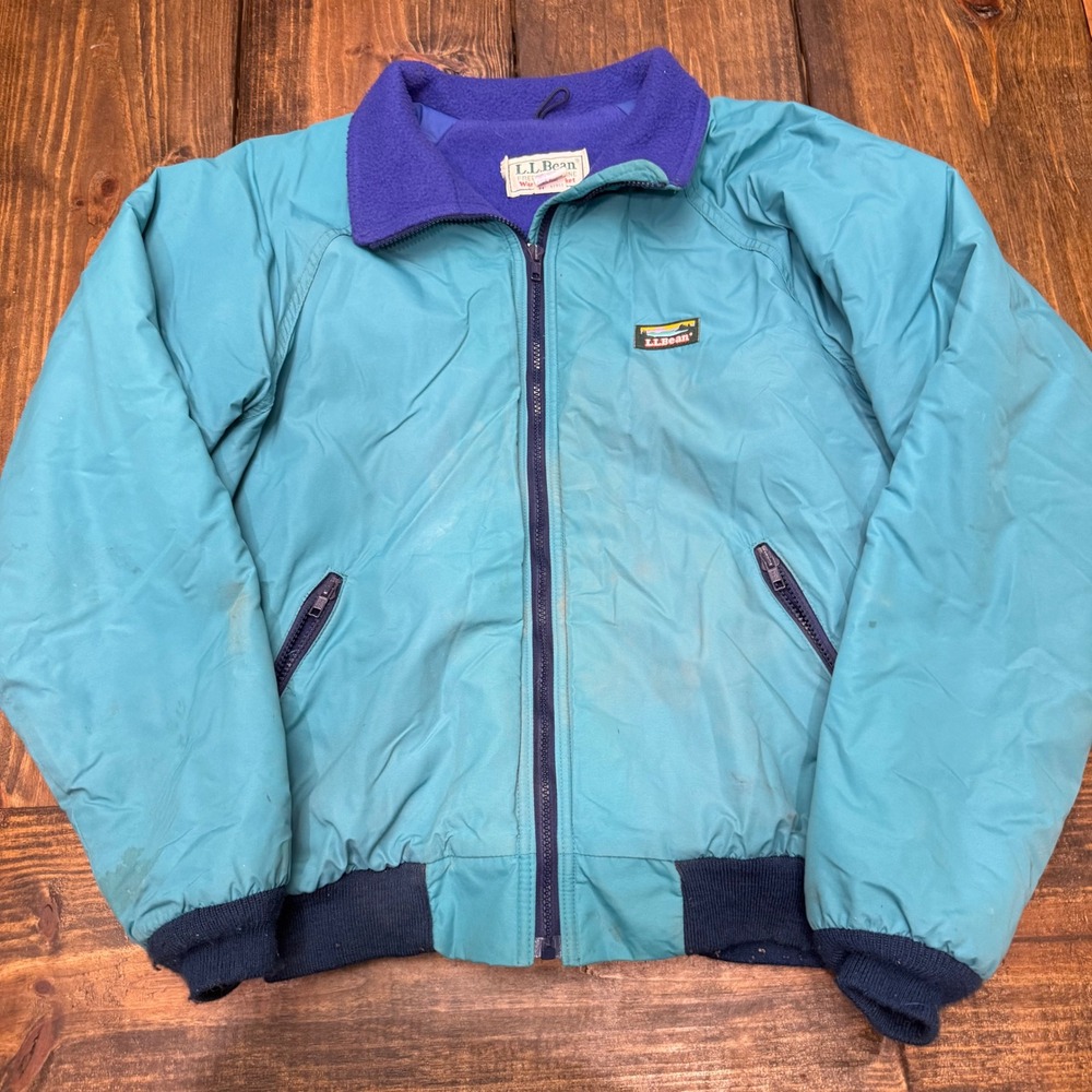 LL Bean Warm-up Jacket Mens Large Teal Blue Purple Fleece Lined Vintage distress